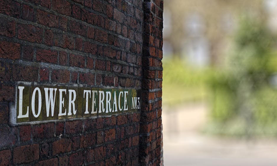 A close-up view of a brick wall displaying a street sign reading 'LOWER TERRACE NW3' in white lettering on a green background. The sign is mounted on the dark red brick surface, which shows textured mortar lines. In the background, slightly out of focus, are blurred greenery and foliage, with natural daylight illuminating the scene. The setting appears to be outside a residential property on Lower Terrace in West Hampstead, as part of a home relocation process handled by [COMPANY_NAME], potentially involving furniture transport and packing during a move. This scene captures the exterior environment at the start or end of a house removal or furniture loading process, illustrating the urban street context for the house removals services outlined in the 'Removals tips for Mill Lane homes in West Hampstead' page.