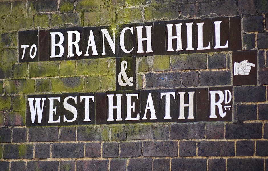 Close-up view of a street sign mounted on a moss-covered brick wall, indicating directions to 'Branch Hill' and 'West Heath Road' in West Hampstead. The sign features bold white letters on black rectangular background tiles, with the words 'to BRANCH HILL' at the top, an ampersand symbol in the middle, and 'WEST HEATH RD' at the bottom. A small white hand pointer sticker is affixed to the right side of the sign. This type of signage is commonly seen in residential areas during home relocations or moving logistics, where accurate navigation and signage recognition are important for planning furniture transport and loading processes. The environment suggests an urban setting, with the brick wall providing a backdrop for the sign, which indicates a typical street scene that might be encountered by professional removals services such as those provided by [COMPANY_NAME], supporting house removals in West Hampstead.