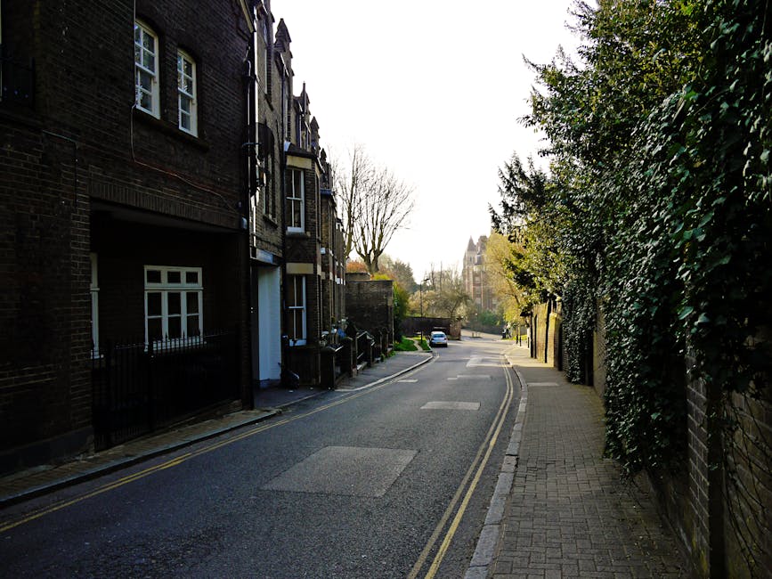A narrow street in West Hampstead, lined with several buildings featuring brick and painted facades, shops, and cafes. The foreground shows a blue-painted pub with hanging flower baskets and a sign fo
